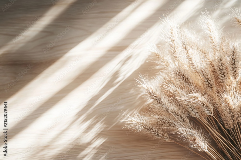 Obraz premium Minimal Harvest Bouquet composition with Dried Wheat Ears on a Natural Wooden Planking Floor Surface