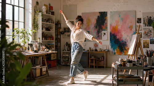 happy woman dancing in bright creative art studio surrounded by canvas paintings.