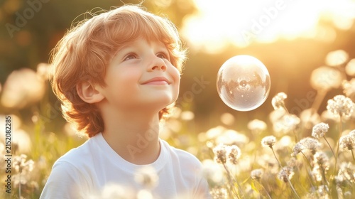 Smiling Boy Gazes at Bubble in Golden Field of Flowers at Sunset Time