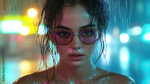 Sensual Woman in Rain with Glasses Stands in Neon City Lights at Night
