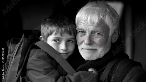 Touching Moment: Grandfather Hugs Grandson with Backpack Ready for School