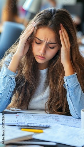 Stressed Student Grasp Head At Desk Full Of Paper And Graphs In Study Room