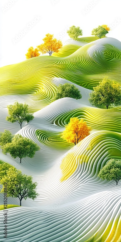 Obraz premium Abstract Spring Abstract Landscapes With Minimalist Gradient Waves And Lush Vibrant Green Treescape