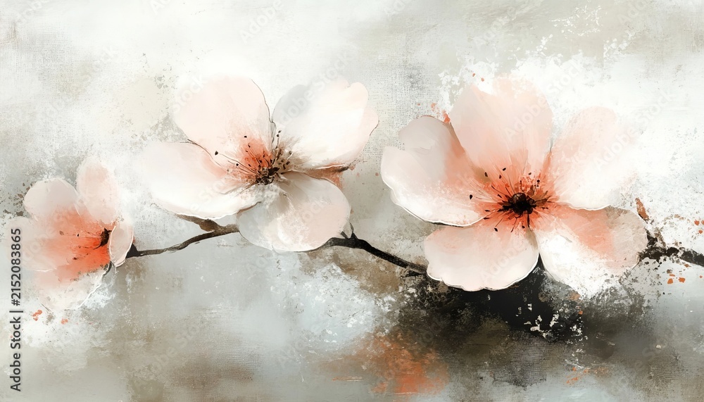 Fototapeta premium Abstract Floral Branch with Delicate Pale Pink Blossoms Painted in Soft Textured Watercolor Style
