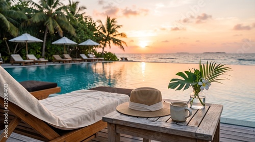 Luxury tropical resort infinity pool at sunset with a straw hat, coffee cup, small vase, towel, and sun loungers overlooking the ocean.
