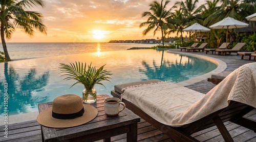 Luxury tropical resort infinity pool at sunset with a straw hat, coffee cup, small vase, towel, and sun loungers overlooking the ocean.