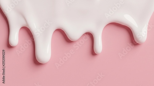 Thick white cream drips smoothly down a soft pastel pink background for cosmetic branding.