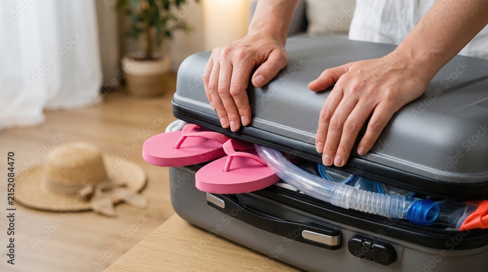 Fototapeta premium A person is packing a suitcase on a wooden floor. The suitcase is filled with travel equipment and pink flip flops. Bright light comes from the window in the room