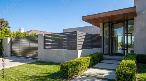 Modern luxury house entrance featuring a contemporary metal fence and landscaped front yard.