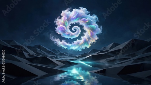 Mystical Swirling Cloud Formation Above Reflective Landscape.