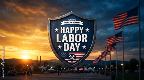 Happy labor day celebration graphic with a metallic shield emblem and american flags against a dramatic sunset background