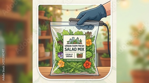 Hand sealing a bag of fresh local salad greens for delivery