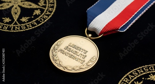 Close-up of an elegant gold award medal featuring the inscription 'Liberté, égalité, fraternité' on a tricolor ribbon, set against a dark, ornate fabric