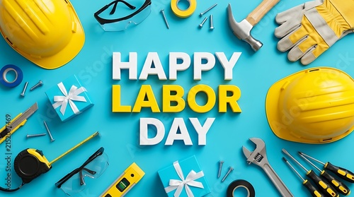 Happy labor day greeting card with various construction tools and yellow hard hats on blue background