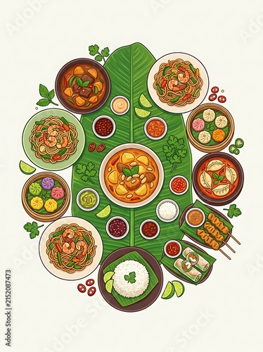 Traditional thai food assortment on a large green banana leaf