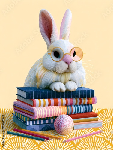 Cute white bunny with glasses sitting on colorful books and pencils, education concept