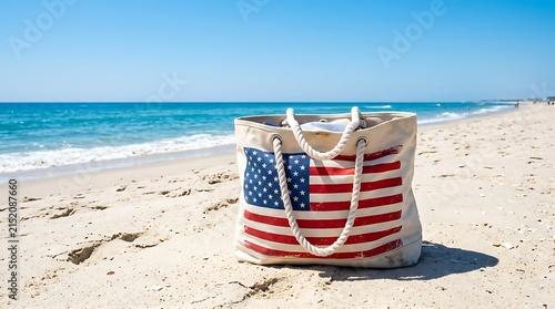 A canvas beach bag featuring the american flag design sitting on the sand by the ocean
