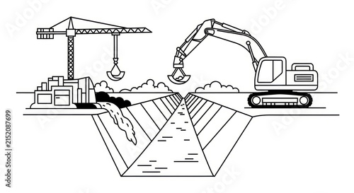 Excavator digging construction site ground.