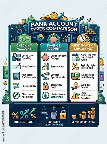 Bank account types comparison infographic with checking and savings