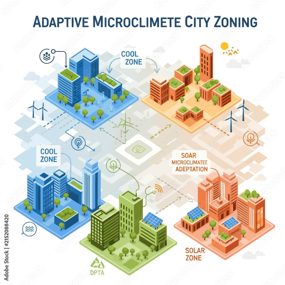 Fototapeta premium Adaptive Microclimate City Zoning Diagram with Cool and Solar Zones