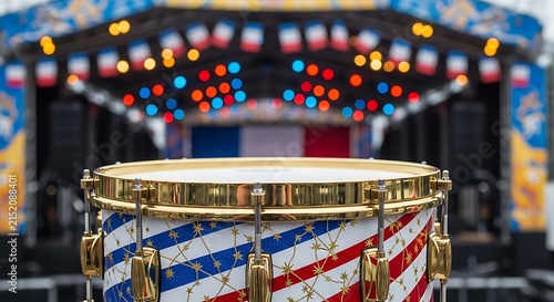 Close-up of a snare drum decorated with French flag colors on a stage with lights