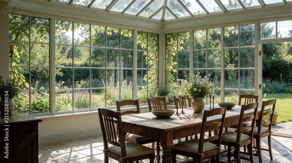 Fototapeta premium Dining room inside conservatory with large windows overlooking rich garden. Wooden table and chairs set for meal. Sunlight streams into glass house with plants.