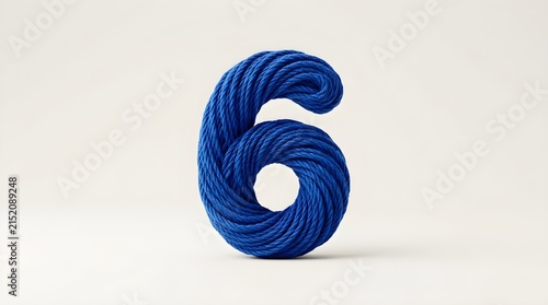 Number Six Shaped from Coiled Bright Cobalt Blue Knitted Yarn or Rope on Neutral Background