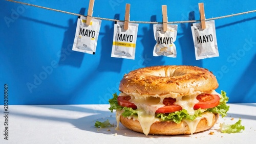 Delicious Bagel Sandwich with Mayonnaise Packets Hanging Overhead.