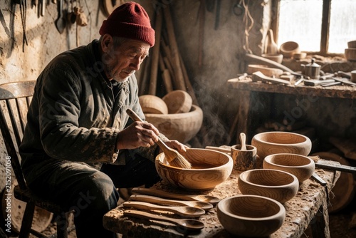 Elderly craftsman in red hat applies oil to wooden bowl with brush. Many wood items on workshop table. Skillful man works with tools, creating handmade woodcraft objects with care and precision.