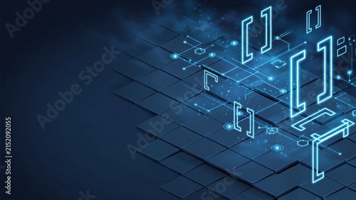 Abstract Digital Circuit Board with Glowing Blue Brackets and Data Flow.