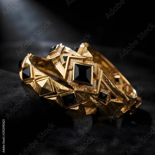 Exquisite gold jewelry bracelets with black stones close up bracelet gemstone accessory precious statement