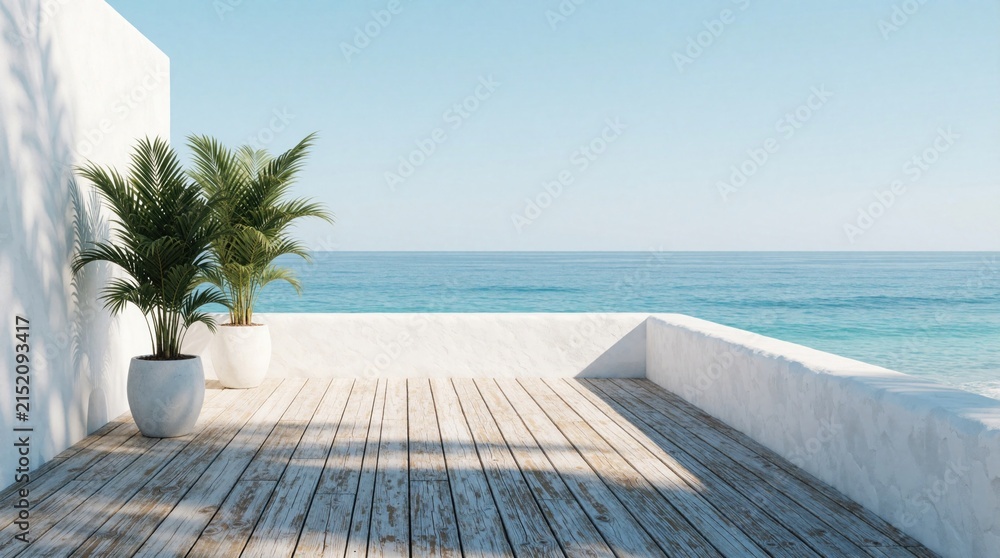 Obraz premium Empty wooden terrace with potted palms overlooks calm turquoise ocean under clear blue sky. White wall casts shadow on weathered planks. Peaceful seaside view.