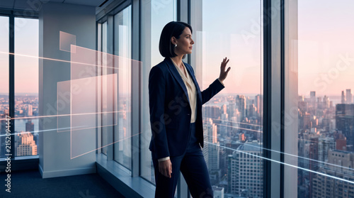 Confident businesswoman in a high-rise office looking at digital data overlays, representing strategic vision and technological innovation.