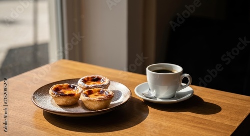A sunlit scene of pastries and coffee on a wooden table, near a window