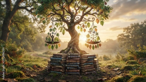 Tree of knowledge balanced with nature and justice in sunlight