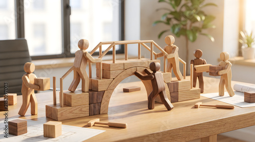 Wooden figures collaborating to build a block bridge on a desk