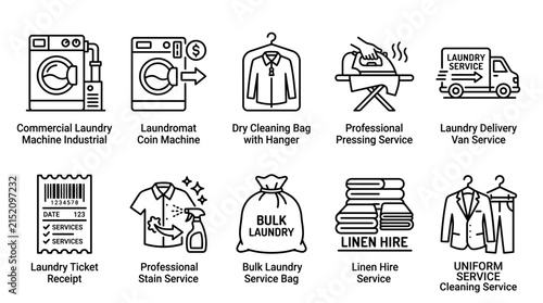Set of ten professional laundry and dry cleaning service line icons.
