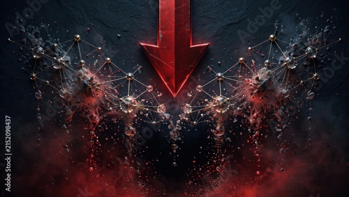 Abstract Red Arrow Descending into Digital Network Cloud.