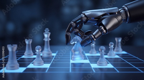 A robotic mechanical hand reaching to move a transparent glass chess piece on a glowing ad social media download thambnail poster web template event festival 2026 2027 2028