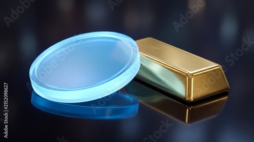 A single blue glass circular disc placed next to a solid gold bar on a dark, reflective ad social media download thambnail poster web template event festival 2026 2027 2028