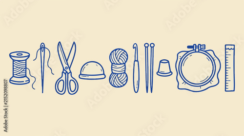 Canvas Print Minimalist sewing icons set, blue line art needlework tools, embroidery and knit