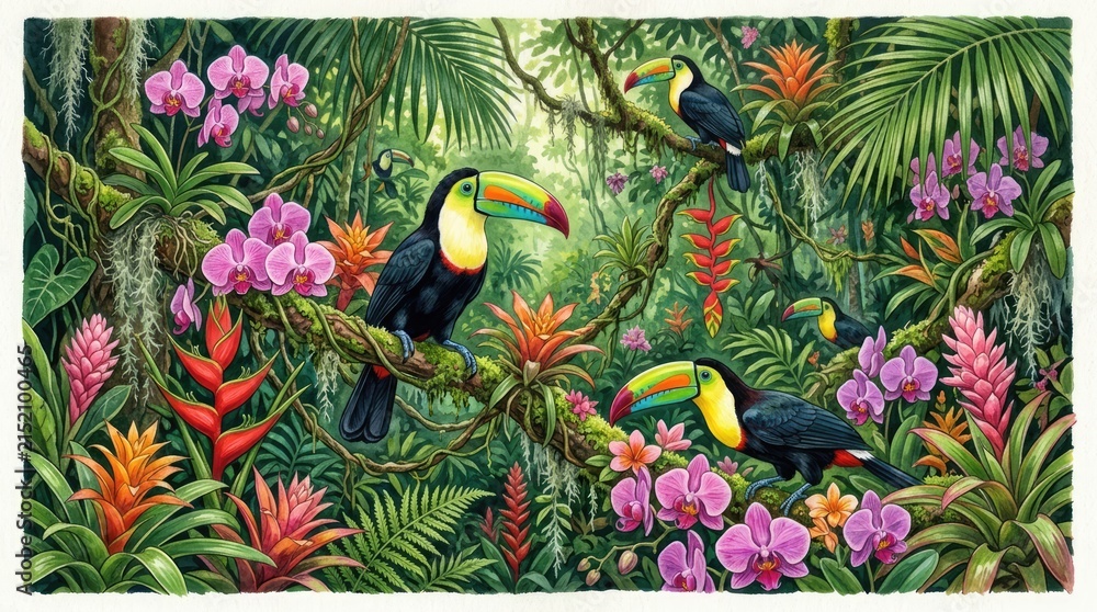 Obraz premium Colorful toucans perched in dense tropical rainforest.