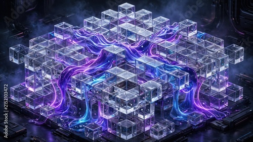 Abstract Futuristic Crystal Processor with Glowing Energy Streams.