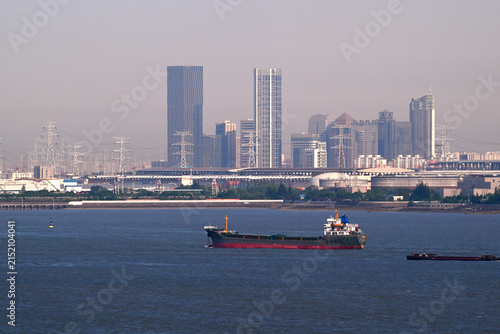 Cargo ship sails on the sea befor skyline