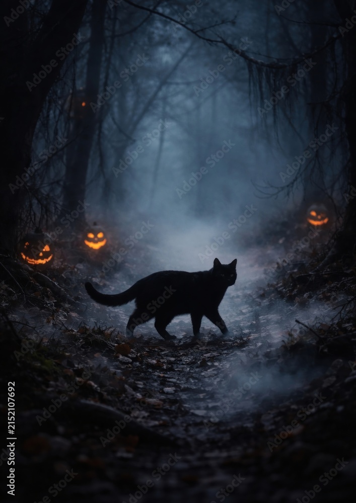 Obraz premium Eerie forest with black cat.