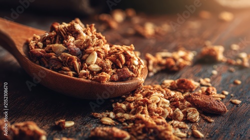 Delicious homemade granola with oats nuts dried fruits and honey on dark wooden background