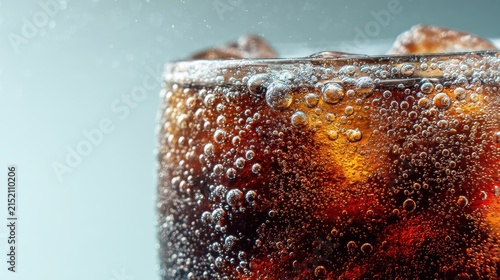 Close-up of refreshing fizzy dark cola soda with ice cubes in a glass on a cool background with bubbles and condensation