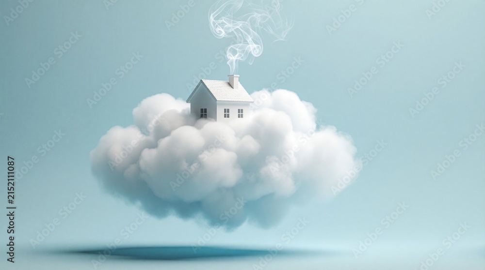 Obraz premium Miniature white house rests on fluffy cloud. Smoke puffs from chimney into soft pastel blue sky. Surreal dreamlike scene, tranquil and peaceful, symbolizing home.
