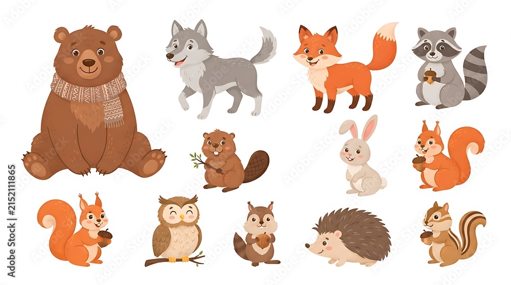 Fototapeta premium Cute cartoon forest animals collection on white background