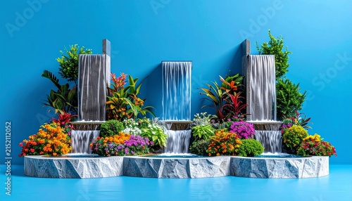 Three vertical garden fountains with cascading water, colorful plant clusters, geometric stone bases, vibrant natural contrast against bright blue background.